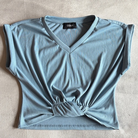 Cider Light Blue Ruched Twist Front Tee - Picture 2 of 4